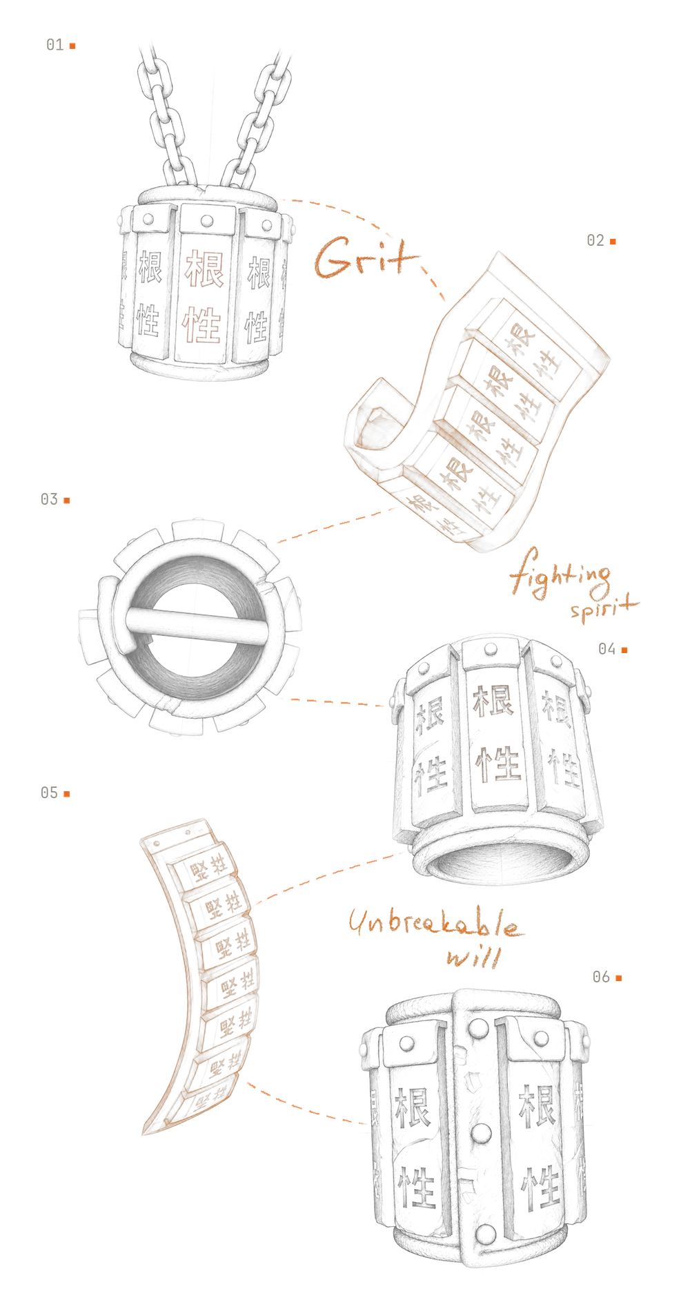 Design sketches of Genius of Hard Work, from the first cylinder to the finished pendant