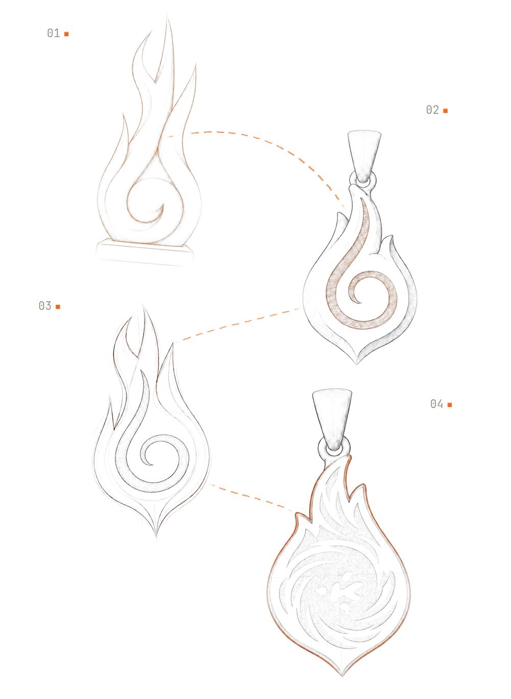 Design sketches of Will of Fire, from the first flame study to the finished pendant